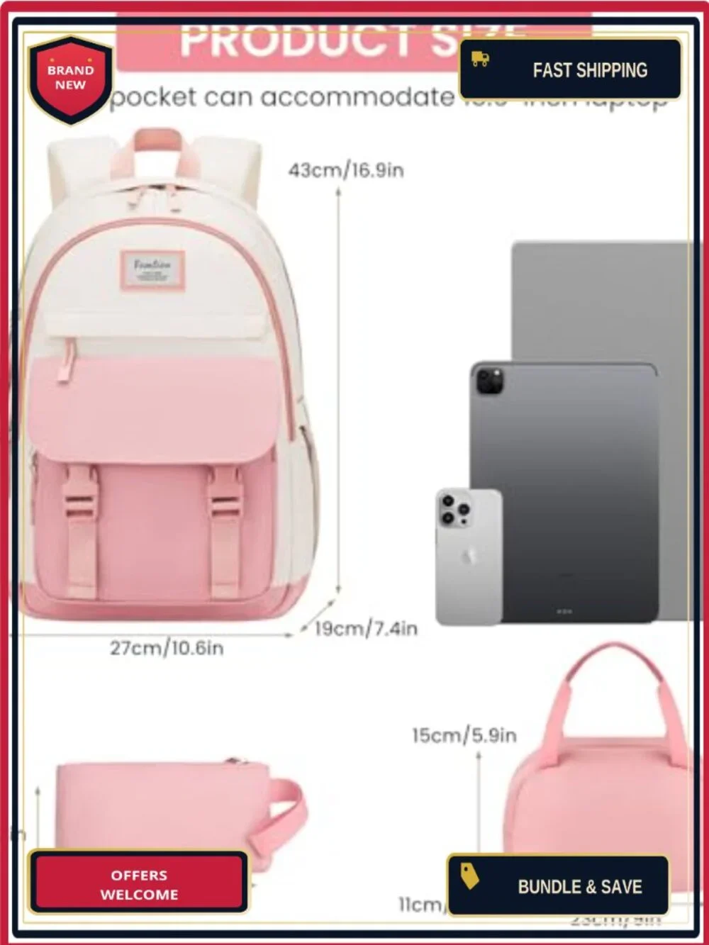 3-Piece School Backpack Set for Teen Girls Women with USB Port, Waterproof - Picture 5 of 6